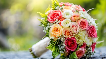 Wedding bouquet of beautiful colorful roses for bride