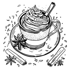Cappuccino with cream and cinnamon sticks. hand drawn sketch vector illustration. Linear graphic.