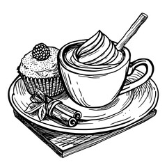 Cup of cappuccino with cupcake and cinnamon stick on the plate. hand drawn sketch vector illustration. Linear graphic