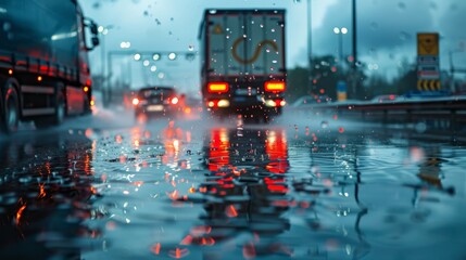 Obraz premium A truck mirrored in the glossy surface of a rain-soaked freeway, the spray from its wheels and the blurred surroundings evoking a sense of urgency and the unstoppable pace of goods in transit.