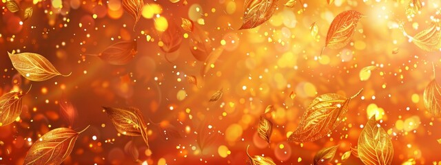 A background of golden leaves falling in the air, glowing and sparkling with bright light effects. The leaves have intricate details that give them an elegant appearance.