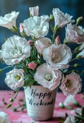 a bouquet of white flowers with the text "Happy Weekend"