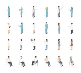 Isometrics large set of characters, people in medical clothes, a doctor, a surgeon, a nurse, a medical assistant, patients, paramedic