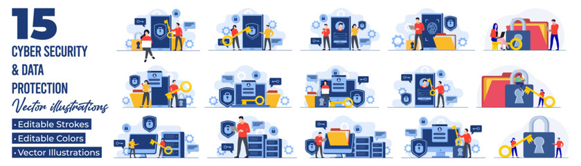 Set of flat illustrations of database protection, Cyber security, Data Center, File management, cloud storage, Privacy data protection, Internet security, information privacy