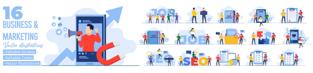 Set of business and marketing scenes flat illustration