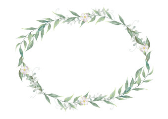 水彩の花と緑の葉の淡い色の円形リース