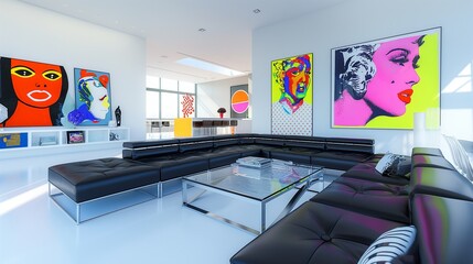 An ultra-modern living room with stark, white walls, a bold, black leather sectional, and vibrant...