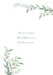 水彩の淡い色の花と葉っぱのテンプレート