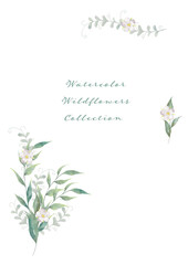 水彩の淡い色の花と葉っぱのテンプレート