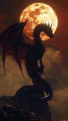 Highresolution 3D render depicting a dragons silhouette against a full moon, highlighting its intricate details and the dramatic backdrop