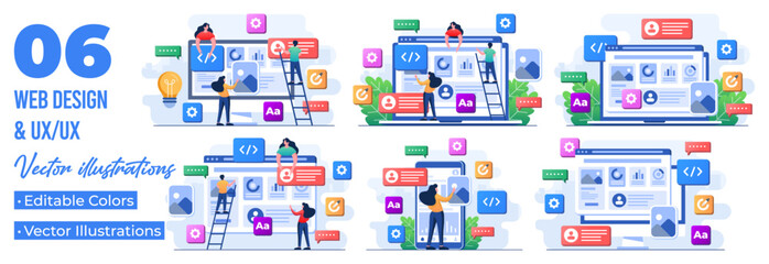Set of flat illustrations of Web design, developers build website User interface front view, UI UX, Software development, Web design, Application design, Coding, Web development
