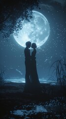 Romantic 3D render of a couple embracing under a full moon, set against a backdrop of a starlit sky and soft moonlight
