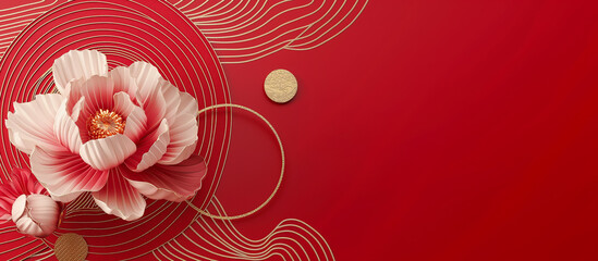 Obraz premium red flowers pattern golden line with free copy space background