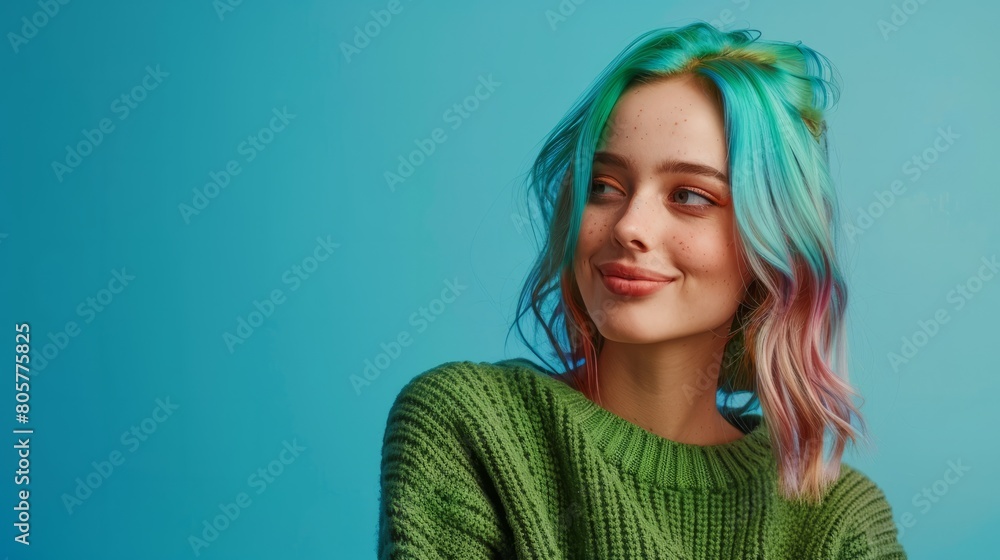 Wall mural attractive lady with colored hair with a smile on her face isolated on a blue background in a green 