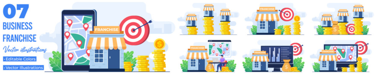Fototapeta premium Set of flat illustrations of franchise shop, business, development, company, Franchising business branch expansion, Small Enterprise