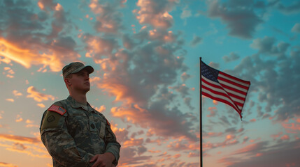 A soldier stands proudly in front of a flying American flag, in celebration of National Loyalty Day, Ai generated Images