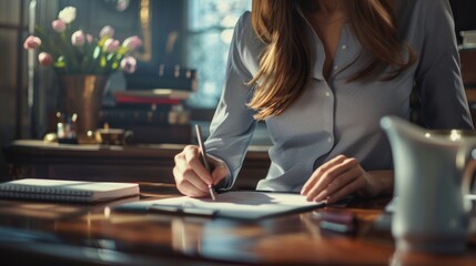 Business woman writing note on notepad on office table. hyper realistic  - Powered by Adobe