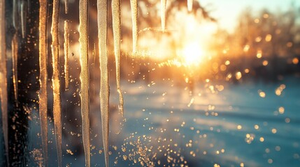 Frost melting on a window pane, water droplets trailing down in straight lines, set against the backdrop of a bright, crisp winter morning sky, signifying the warmth of the sun despite the cold. 