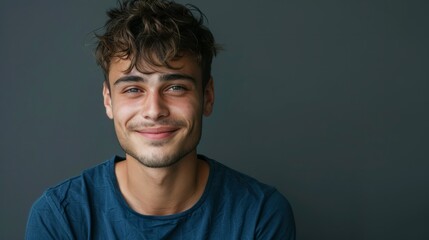 Obraz premium Close up portrait of young smiling handsome guy in blue t-shirt isolated on gray background hyper realistic 