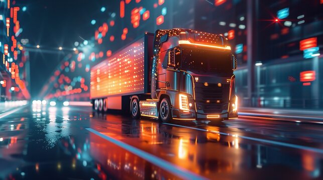 Futuristic Freight: A streamlined transport truck glides through a city environment, its form enhanced with modern technology and vibrant lighting