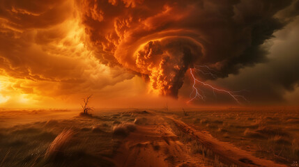 A powerful tornado tore through the sky, sending fiery flashes of lightning amidst dark clouds, dust and sand swirling in a maelstrom of chaos. Ai generated Images