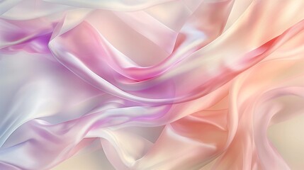 Ribbons of silk fabric, flowing and intertwining in a gentle breeze, their soft colors blending together against a pastel, creamy background, capturing the elegance and fluidity of movement. 