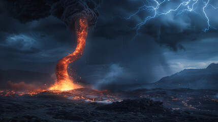 Dramatic view of a powerful fire tornado sweeping through a barren mountain, the silhouette of the mountain visible in the background, Ai generated Images