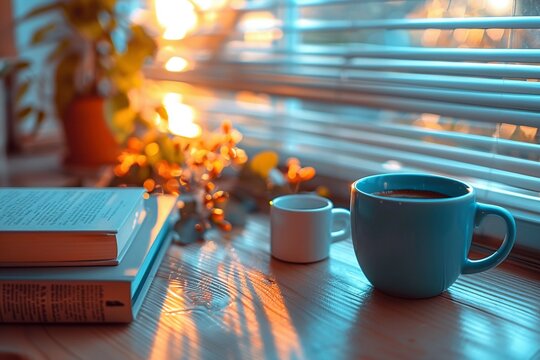 Modern study sleek coffee mug, windows, warm, sunlight