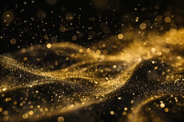 Golden glittering dust swirls on black background, creating an elegant and luxurious atmosphere