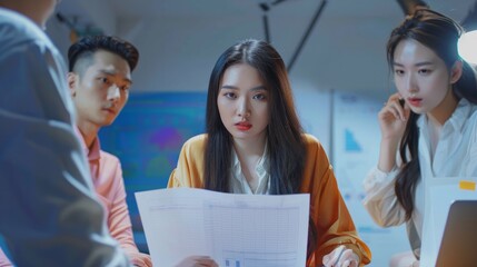 Five diverse business workgroup designers team with asian woman leader discuss paperwork financial report statistical data, forecasting working on common project. Brainstorm, briefing activity concept