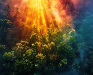 A breathtaking aerial view of a forest with sunlight, generative AI