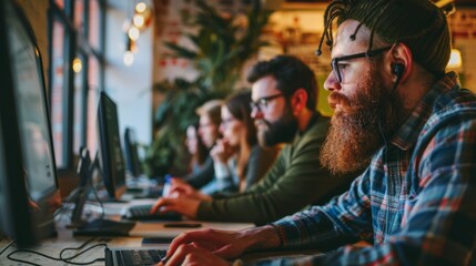 Group of diverse colleagues working on the computers in the modern office or coworking space, bearded hipster as a programmer writing code hyper realistic 