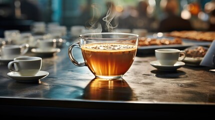 Close-up view of a steaming hot tea in a clear glass cup on a cafe table with other blurred cups in the background
