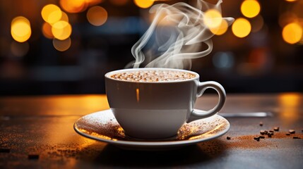 Elegant steaming cup of hot chocolate with cocoa powder on top, set on a cafe table with soft bokeh lights in the background
