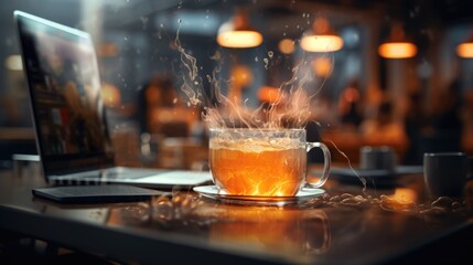 Dynamic close-up of a steaming coffee cup with an explosive splash, symbolizing energy and movement, set on a business desk
