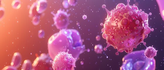 Close-up of a 3D animation of immune system cells fighting off cancer cells, dynamic battle visualization