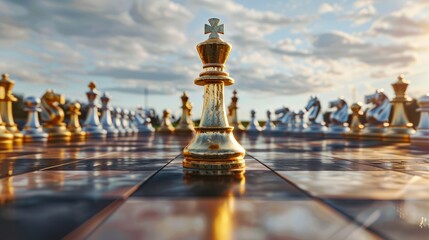 King golden chess standing confront of the silver chess team to challenge concepts of leadership and business strategy management and leadership hyper realistic 