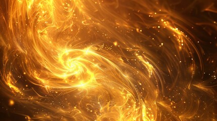 A background of golden swirls and glowing stars, creating an ethereal atmosphere. The gold color is bright and radiant, giving the impression that it comes from within the fire.