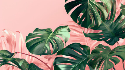 a vibrant digital illustration featuring realistic Monstera leaves set against a soft pink background.