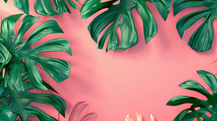 Fototapeta na wymiar a vibrant digital illustration featuring realistic Monstera leaves set against a soft pink background.