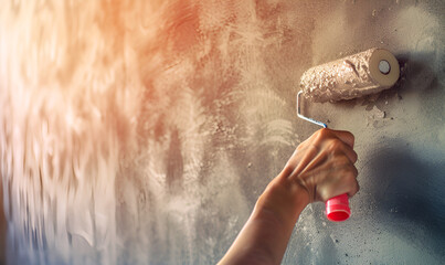 Close-up of a paint roller on the wall,Person applying paint on wall with roller
