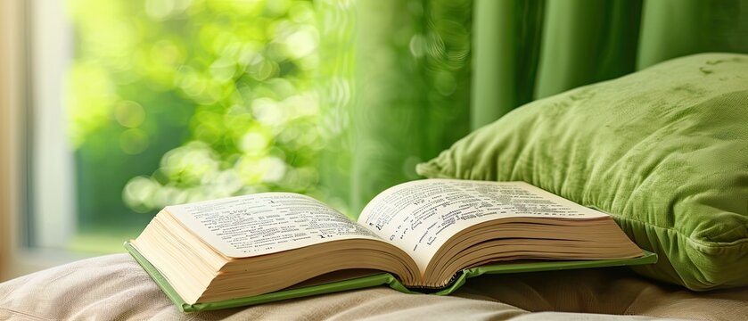 Macro shot of a book open on a comfy pillow, inviting a relaxing reading session