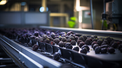 Blackberries on a conveyor belt in a factory fruit industry packaging, photo shot - Powered by Adobe