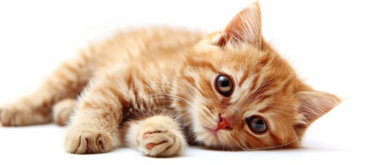 An adorable ginger kitten lies relaxed on a white background, exuding serenity and contentment. Its...