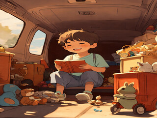 a happy little boy playing with toys in the back o