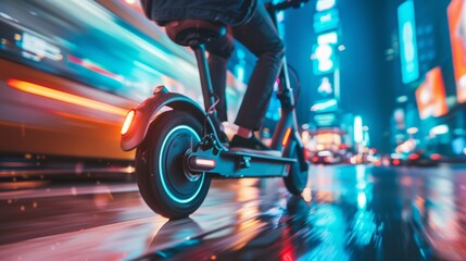 person driving an electric scooter in the city at night with blurred background - sustainable electric mobility concept hyper realistic 