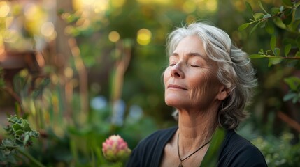 Photo of a senior woman meditating in a peaceful garden, with a close-up on her serene face and the natural surroundings, representing mental and physical harmony hyper realistic 