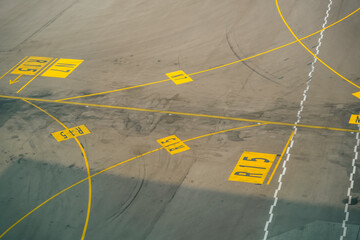 Aerial top view of a commercial airport runway with connections and taxiways.
