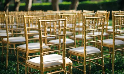  wooden chairs with flowers decoration on a wed.ing, Wedding ceremony decoration.