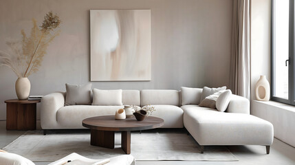 interior luxury living room with large L-shaped sofa, round coffee table, wooden side table, windows with curtains, abstract painting, floor lamp, and area rug, Spacious, naturally lit, comfortable